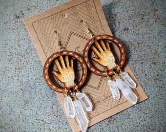 Engraved Palmistry, Crystal Earrings, Laser Cut Wood Earrings, Cut Out,  Made To Order