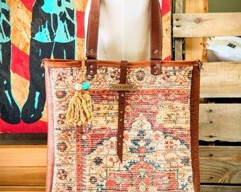 XL Leather Chenille Rug Tote, Woven, Leather Trim, Leather Tote, Zipper Pocket, Handmade, made to order