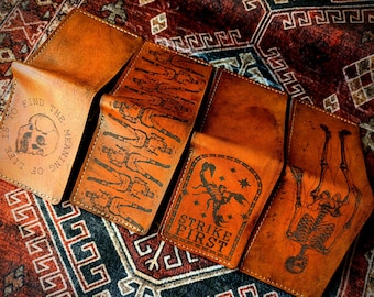 Engraved leather Bi-Fold Wallet, Veg Tan Leather Wallet, Unique Men's Wallet, Saddle Tan, Rustic, Antique Dyed, Made To Order