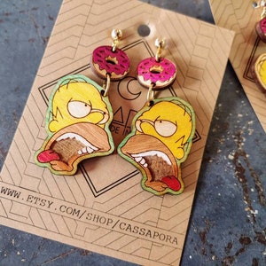 Hungry Homer, Donut Earrings, Laser Engraved Wood, Light Weight image 2