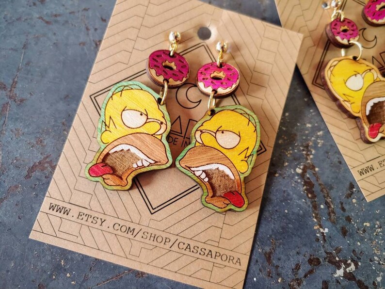 Hungry Homer, Donut Earrings, Laser Engraved Wood, Light Weight image 2