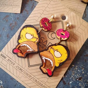 Hungry Homer, Donut Earrings, Laser Engraved Wood, Light Weight image 5