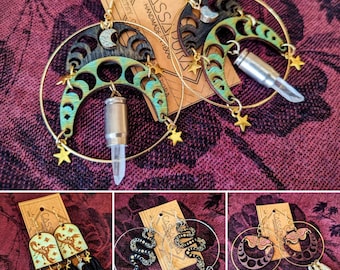 OOAK, recycled, Shell Casings, Floral Snake, Star, Moon Phases, Large Size, Laser Cut Wood Earrings, Cut Out, Light Weight, Ready to Ship!