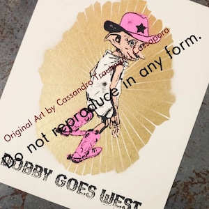 Dobby Goes West, Wood Block, and Spray Paint print, 8x10&quot; hand made art, Dobby, Harry, HP, Fan Art, pink hat, Limited Runs, Made to order