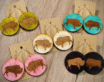 Buffalo Coin, Sunset, Laser Engraved, Laser Cut Wood Earrings, Cut Out, Southwestern, Light Weight, Made To Order