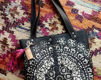 Black Leather, Stenciled Mandala, Medium Tote, Leather Tote, Back Pocket, Water Proof Leather, Ready To Ship