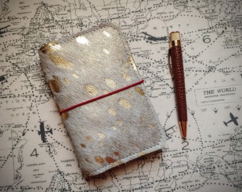 Hair-on-Cowhide, Leather Passport Wallet, B7 Notebook Cover, Fieldnotes Cover, Mini Journal, Acid Washed, Gold Metallic, Made To Order