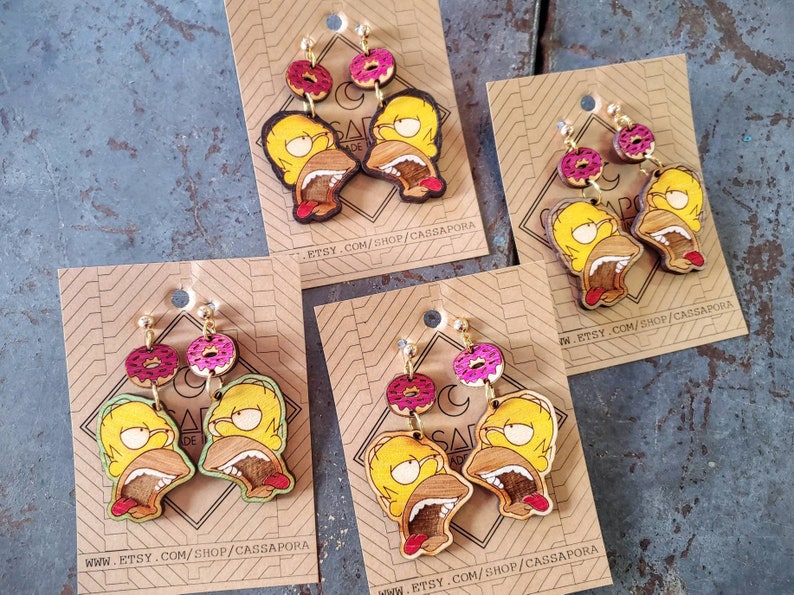 Hungry Homer, Donut Earrings, Laser Engraved Wood, Light Weight image 1