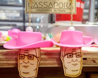 Hank Hill with Tiny Pink Cowboy Hat, Mini Cowboy Hat, Dangle, Statement, Novelty, Fun Earrings, Earrings, Laser Engraved Wood, Light Weight!