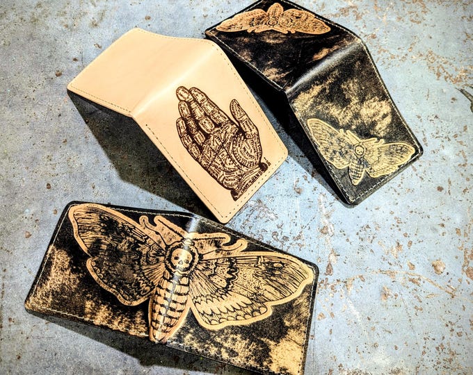 Embossed leather Bi-Fold Wallet, Veg Tan Leather Wallet, Unique Men's Wallet, Death head Hawk Moth, Palmistry, Made To Order