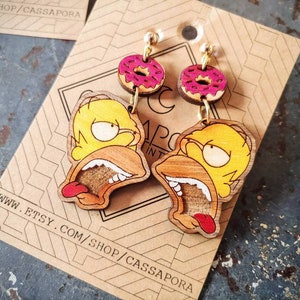 Hungry Homer, Donut Earrings, Laser Engraved Wood, Light Weight image 4