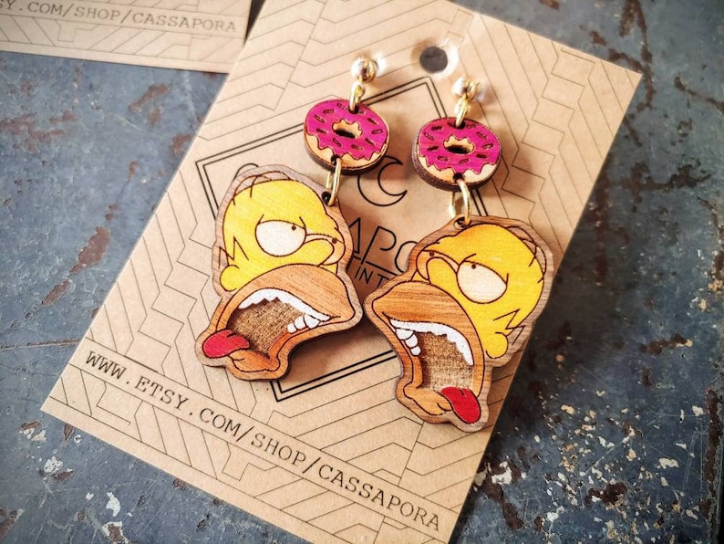 Hungry Homer, Donut Earrings, Laser Engraved Wood, Light Weight image 4