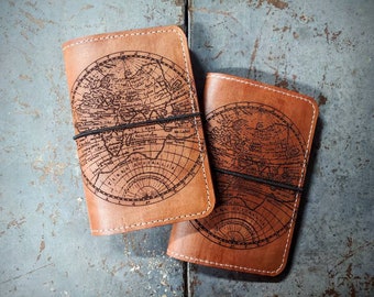 Double Globe Map Print, Laser Engraved, Leather Passport Wallet, B7 Notebook Cover, Fieldnotes Cover, Mini Journal, 6" X 4", Made To Order