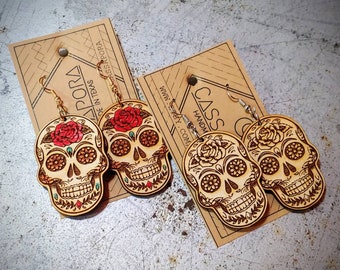 Sugar skull, Halloween, Day of the Dead, Laser Engraved, Laser Cut Wood Earrings, Cut Out, Light Weight, Made To Order