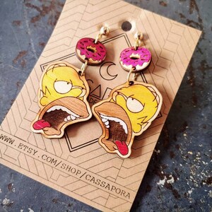 Hungry Homer, Donut Earrings, Laser Engraved Wood, Light Weight image 3