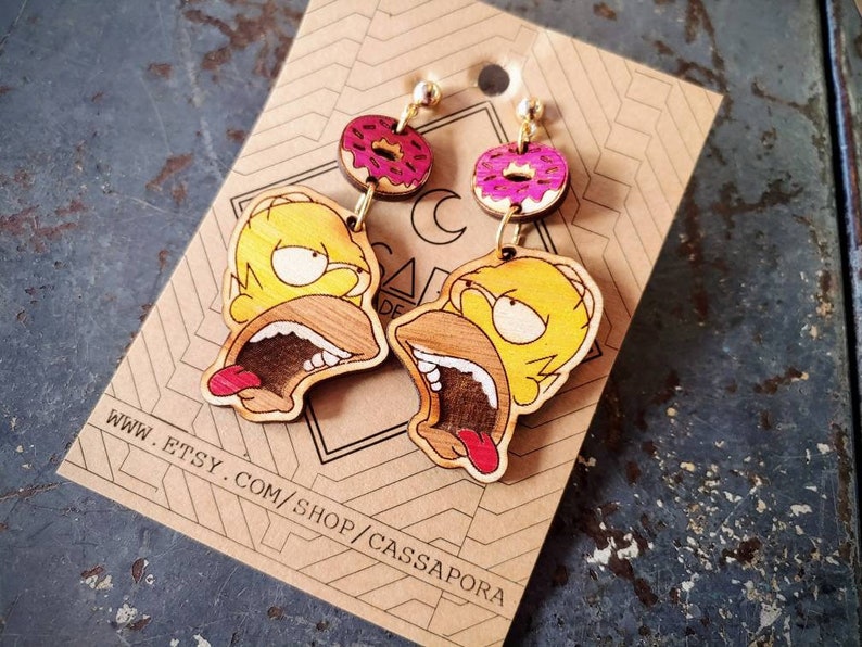 Hungry Homer, Donut Earrings, Laser Engraved Wood, Light Weight image 3