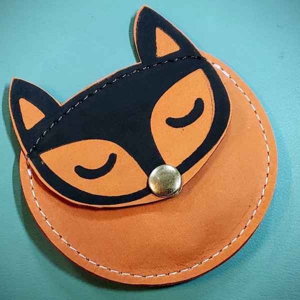 Leather Fox Coin Purse, Small Leather Printed Coin Wallet, Head Phone Case, Coin Purse, Made to Order