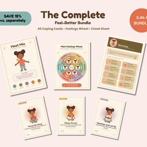 May include: The Complete Feel-Better Bundle includes 40 coping cards, a feelings wheel, and a cheat sheet. The cards feature illustrations of a character named Mia and text instructions for emotional regulation, such as Pillow Punch and Squeeze and Let Go.