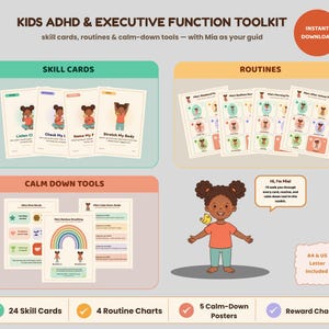 Può includere: Un kit digitale per bambini su ADHD e funzioni esecutive. Include schede di abilità, grafici di routine e poster calmanti con il personaggio Mia. Il testo include: Kids ADHD & Executive Function Toolkit, A4 & US Letter Included, 24 Skill Cards, 4 Routine Charts, 5 Calm-Down Posters, Reward Chart.