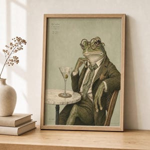 Frog Art Print, Whimsical Vintage Illustration of Dapper with Martini