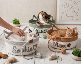 Panier brodé avec le nom de votre animal, panier en corde avec oreilles de chat, cadeau d'anniversaire pour animal de compagnie, panier personnalisé pour chat, décoration neutre pour animaux de compagnie, cadeau pour la fête d'adoption