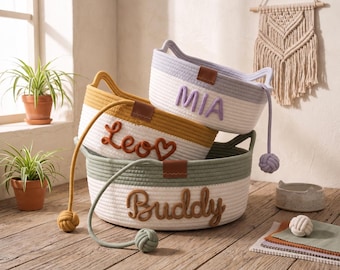 Embroidered Pet Bed, Cat Mom Gift, Personalized Cat Basket, Cat Ear Rope Nest, Neutral Pet Decor, Cat Lovers Gift