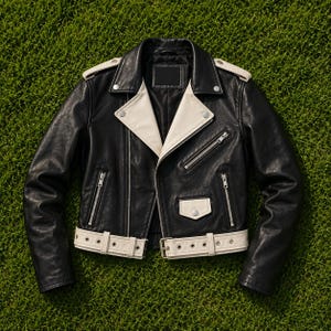 Könnte beinhalten: Eine schwarze Motorradjacke aus Leder mit kontrastierenden weißen Revers, Schulterklappen, einem Taillengürtel und einer kleinen Pattentasche. Die Jacke verfügt über silberfarbene Metallreißverschlüsse an der Vorderseite, Brust und den Seiten.