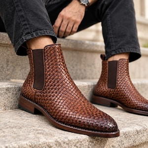 Herr Chelsea-stövlar i vävt läder, handgjorda slip-on-skor, designerskor med ankelrem