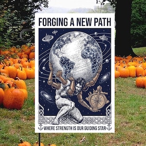 Forging a New Path Garden Flag, Global Strength Yard Decor, Futuristic Robot Outdoor Banner, Inspirational Garden Flag