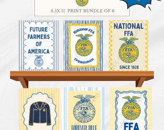 May include: A digital print bundle of six 8.5x11 inch posters featuring FFA themes. Designs include text like 'Future Farmers of America', 'National FFA Organization', 'Forever Blue', and 'FFA Since 1928', alongside the official FFA emblem and a blue jacket.
