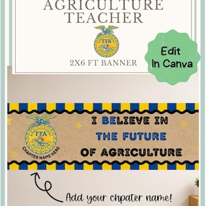 May include: A rectangular banner featuring a tan background with blue and yellow striped borders. The text reads I BELIEVE IN THE FUTURE OF AGRICULTURE. It includes the FFA emblem and a placeholder for a chapter name. The banner measures 2x6 feet.