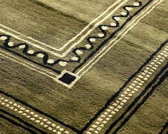 Dywan wełniany w kolorze oliwkowo-zielonym, ręcznie tkany, nowoczesny, geometryczny, z ramą, współczesny, ręcznie robiony, wystrój salonu