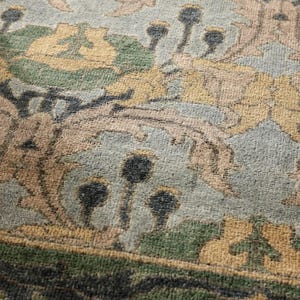 Hand Knotted Green Blue Arts and Crafts Wool Rug Handmade Botanical Floral Area Rug Traditional Nature Inspired Home Decor