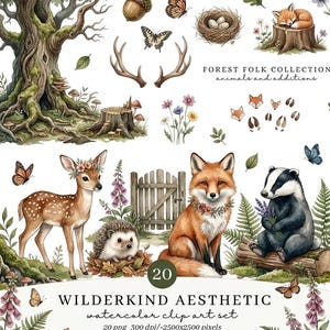 May include: A digital watercolor clip art set titled Forest Folk Collection and Wilderkind Aesthetic featuring illustrations of a large tree, a deer, a fox, a badger, a hedgehog, butterflies, antlers, an acorn, a bird nest, and wildflowers.
