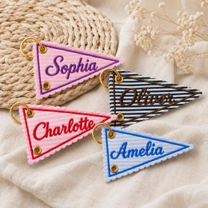Personalized Back to School Keychain, Custom Embroidered Name Bag Tag, Gingham Pennant Backpack Charm, Kids School Gift