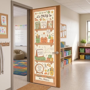 May include: A classroom door decal featuring a light-coloured background with shelves holding school supplies like a calculator, abacus, and blocks. Text includes "it's OKAY to", "Keep Learning", "Dream Big or Think Big", "Be Brave, Be Kind", and "Mrs. Millers".