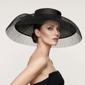 May include: A wide-brimmed black hat featuring a structured crown and a sheer, pleated mesh brim that extends outward. The hat has a solid, opaque band around the base of the crown and a delicate, semi-transparent pleated texture throughout the brim.