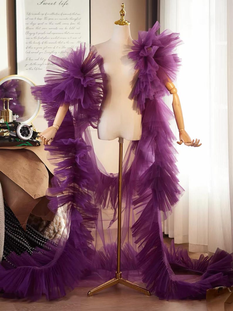 Tulle Ruffle Robe Deep Amethyst Purple Tulle Ruffle Cape, Dramatic Sheer Shoulder Wrap ...