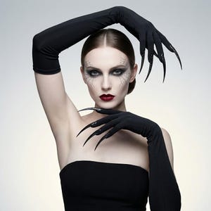 Black Demon Claw Nail Gloves, Long Gothic Gloves for Halloween Dark Fantasy Costume