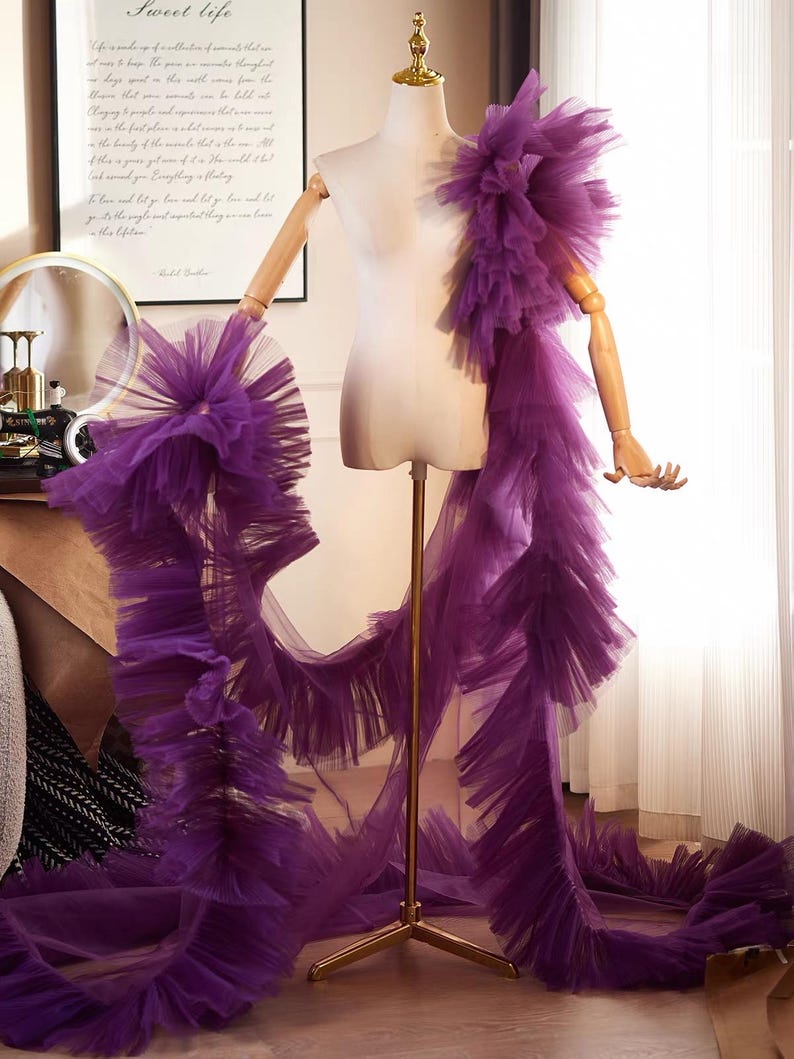 Tulle Ruffle Robe Deep Amethyst Purple Tulle Ruffle Cape, Dramatic Sheer Shoulder Wrap ...