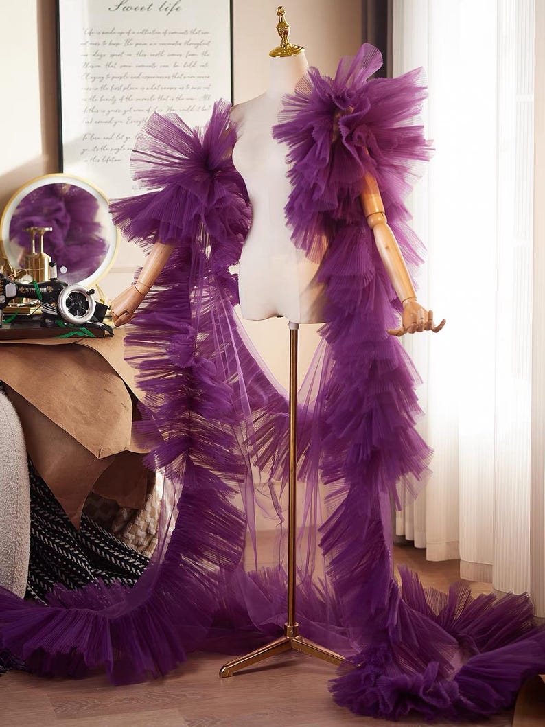 Tulle Ruffle Robe Deep Amethyst Purple Tulle Ruffle Cape, Dramatic Sheer Shoulder Wrap ...