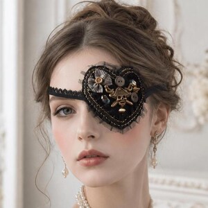 Victorian Gothic Pirate Heart Eyepatch Mask, Steampunk Eye Patch for Masquerade Costume Halloween