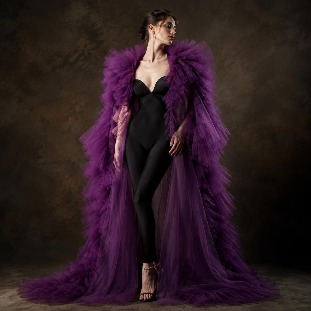 Tulle Ruffle Robe Deep Amethyst Purple Tulle Ruffle Cape, Dramatic Sheer Shoulder Wrap ...