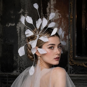 White Feather Hair Vine Headpiece, Sparkling Bridal Fascinator for Wedding Fairy Costume Editorial