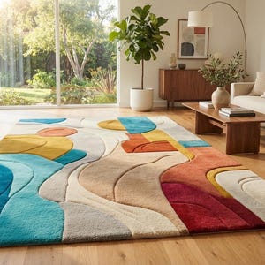 Könnte beinhalten: Ein rechteckiger Teppich mit einem strukturierten, abstrakten Muster aus geschwungenen, erhabenen Formen in den Farben Petrol, Senfgelb, Dunkelrot, Beige und Creme. Das Design besteht aus geschichteten, organischen Formen.