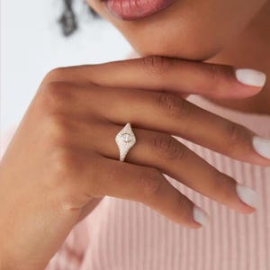 Pinky Sparkle Ring, Moissanite Marquise Bezel Set Solitaire Band, Marquise Shape Pinky Band, Pave Set Pinky Signet Band, Stacking Band Ring