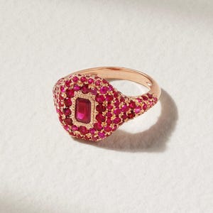 Ruby Cz Emerald Cut Solitaire Ring With Round Cut Accent Signet Rings, 14k Gold Ruby Signet Rings, Wedding Engagement Rings, Gift For her