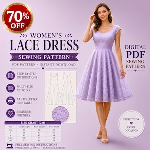 May include: A digital PDF sewing pattern for a lavender lace dress. The graphic includes text, a technical line drawing of the dress, and a size chart in centimetres ranging from XS to XXL. The pattern is printable on A4 or US letter paper.