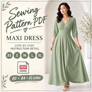 Maxi Dress Sewing Pattern PDF, V Neck A Line Dress Pattern, Gathered Waist Dress, Women's Digital Sewing Pattern, A4 A0 Letter