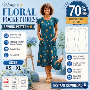 Puede incluir: Un vestido floral color verde azulado con mangas de volante y dos bolsillos delanteros, presentado como patrón de costura. La imagen incluye texto con instrucciones paso a paso, tallas de XS a XL y formatos PDF, A4, US Letter y A0.